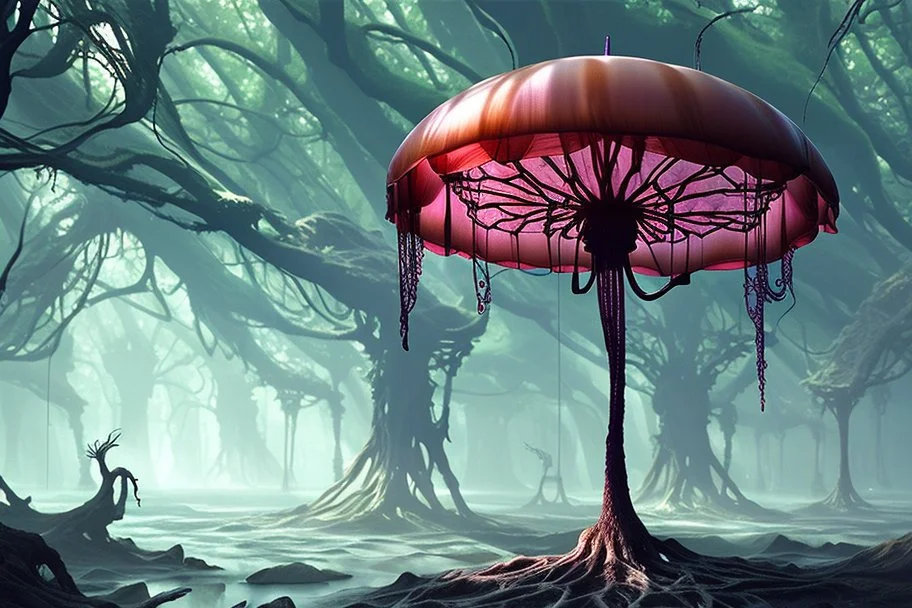 Alien forest with an umbrella made from a jellyfish, photorealistic, Detailed Matte Painting, Deep Colour, Fantastical, Intricate Detail, sunshine, blue sky