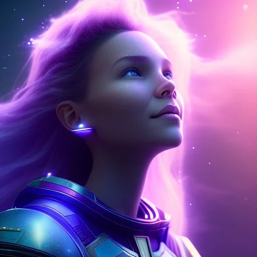 A portrait of a crystalline girl,smiling, longs blond hairs, galactic costume, atmospheric, realistic, cinematic lighting, octane render, purple and blue sky, nebula, stars, planets, spaceship