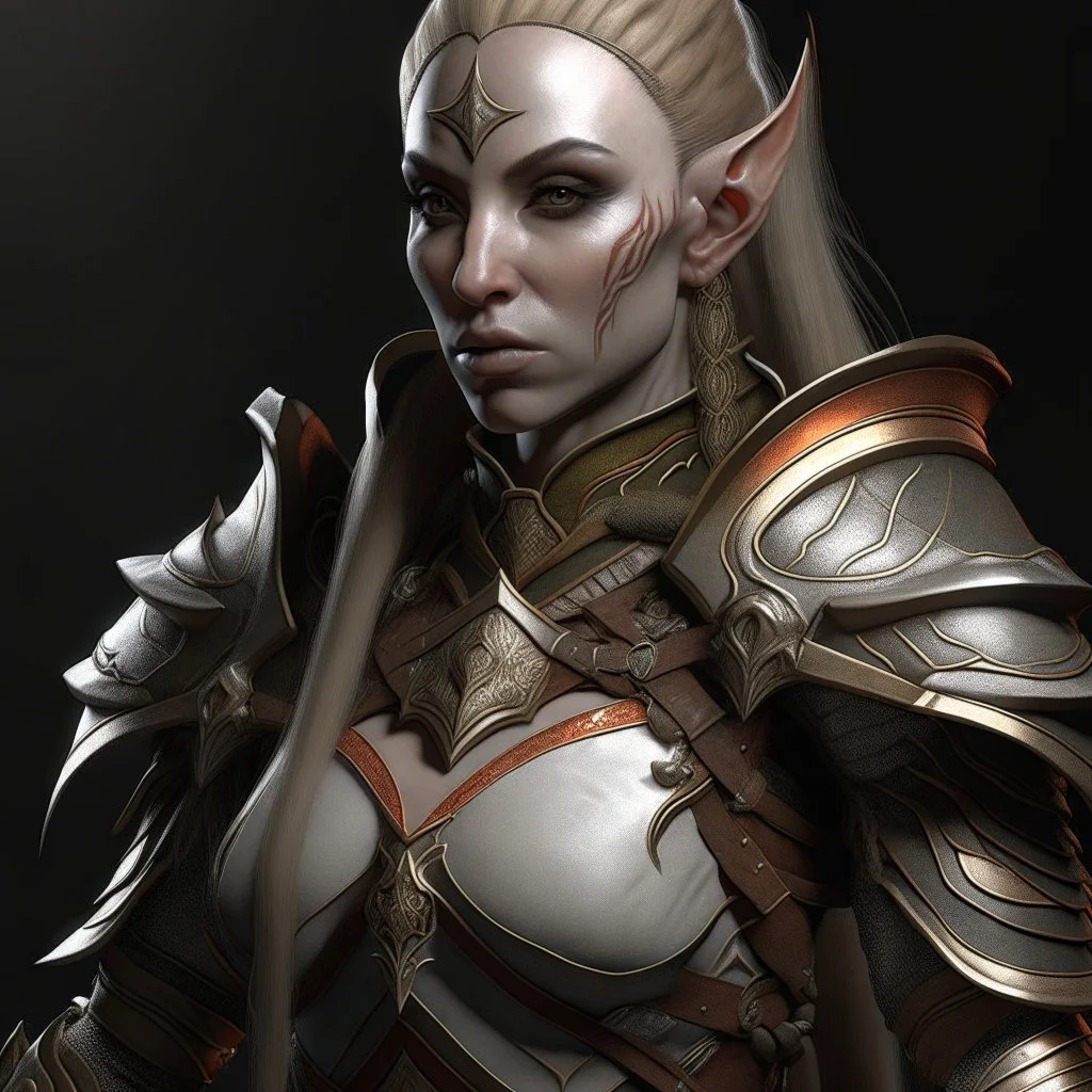 a pretty high elf from Skyrim, gritty realism, warrior, dwarven armour