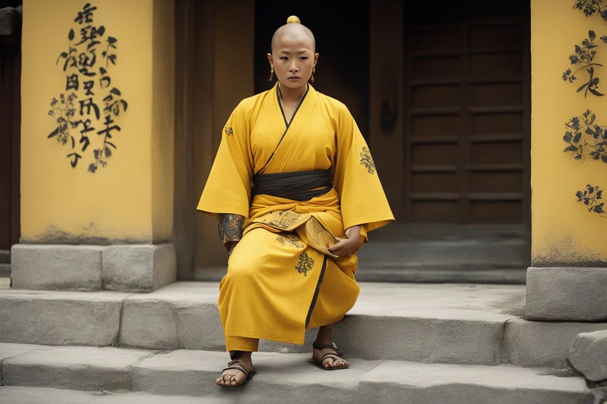 [very impressive high res masterpiece in Kodak Eastman 5247, bokeh scene by Stanley Kubrick] woman Shaolin gangsta monk covered by tattoos waiting outside in yellow kimono, on a stone doorstep, she menaces the camera with her finger