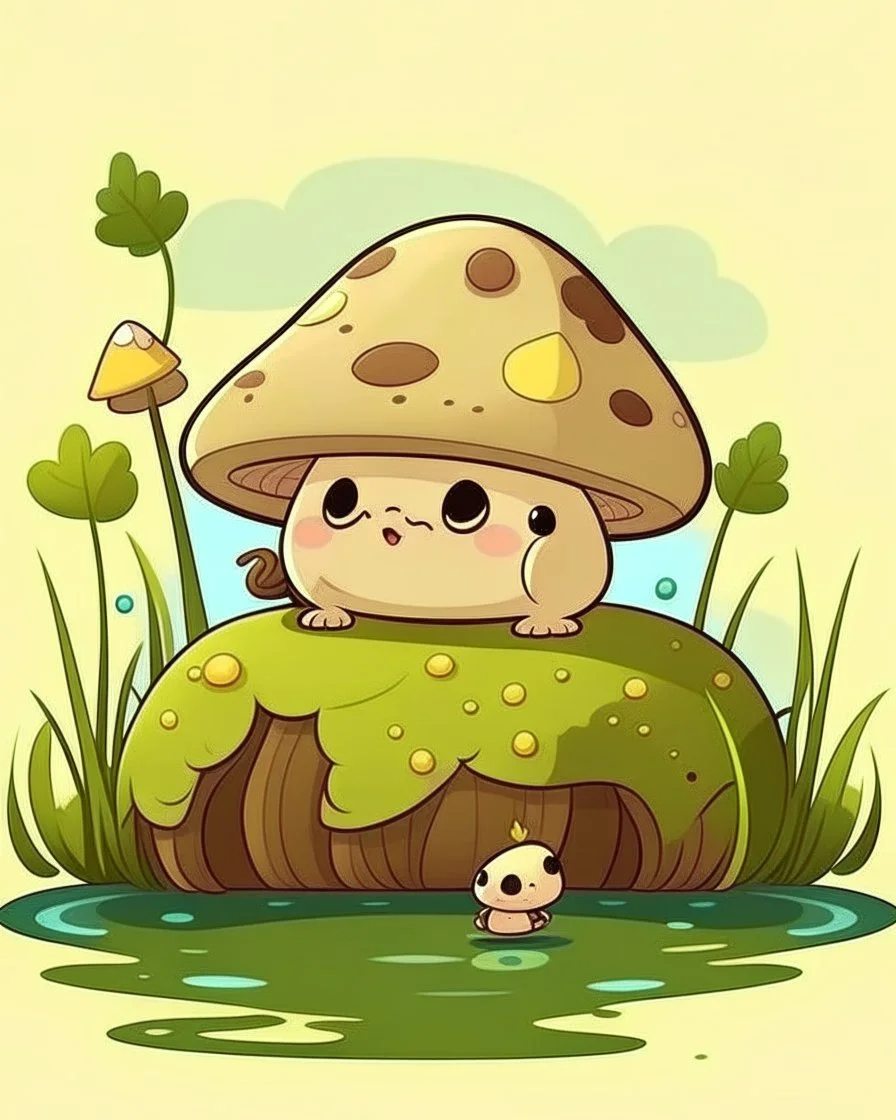 magical kawaii mushroom with a big, frowning mouth and droopy eyes, sitting on a mossy log in a quiet and peaceful forest, lost in its own thoughts, high details, forest background, cute, kawaii, style