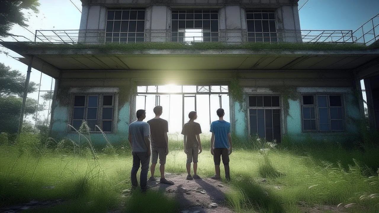 An image that summarizes the story of “The Abandoned Laboratory” shows a group of friends standing in front of the entrance to an abandoned scientific laboratory. Light filters through the broken windows and illuminates the front yard covered with wild grasses. Tranquility and silence are evident around the building, enhancing the mystery surrounding the place. The friends are gathered and ready to explore the mystery and dangers inside the laboratory. They hold flashlights and look at the main