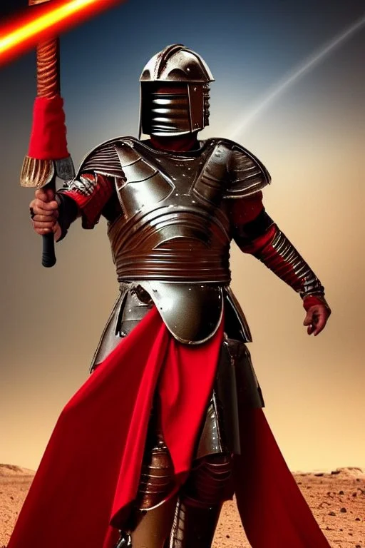 Planet Mars portrayed as a menacing man wearing Roman-like armour, a red cape, and a spartan helmet that covers his face entirely, he is armed with a spear and a spartan shield, his armour is covered with battle marks