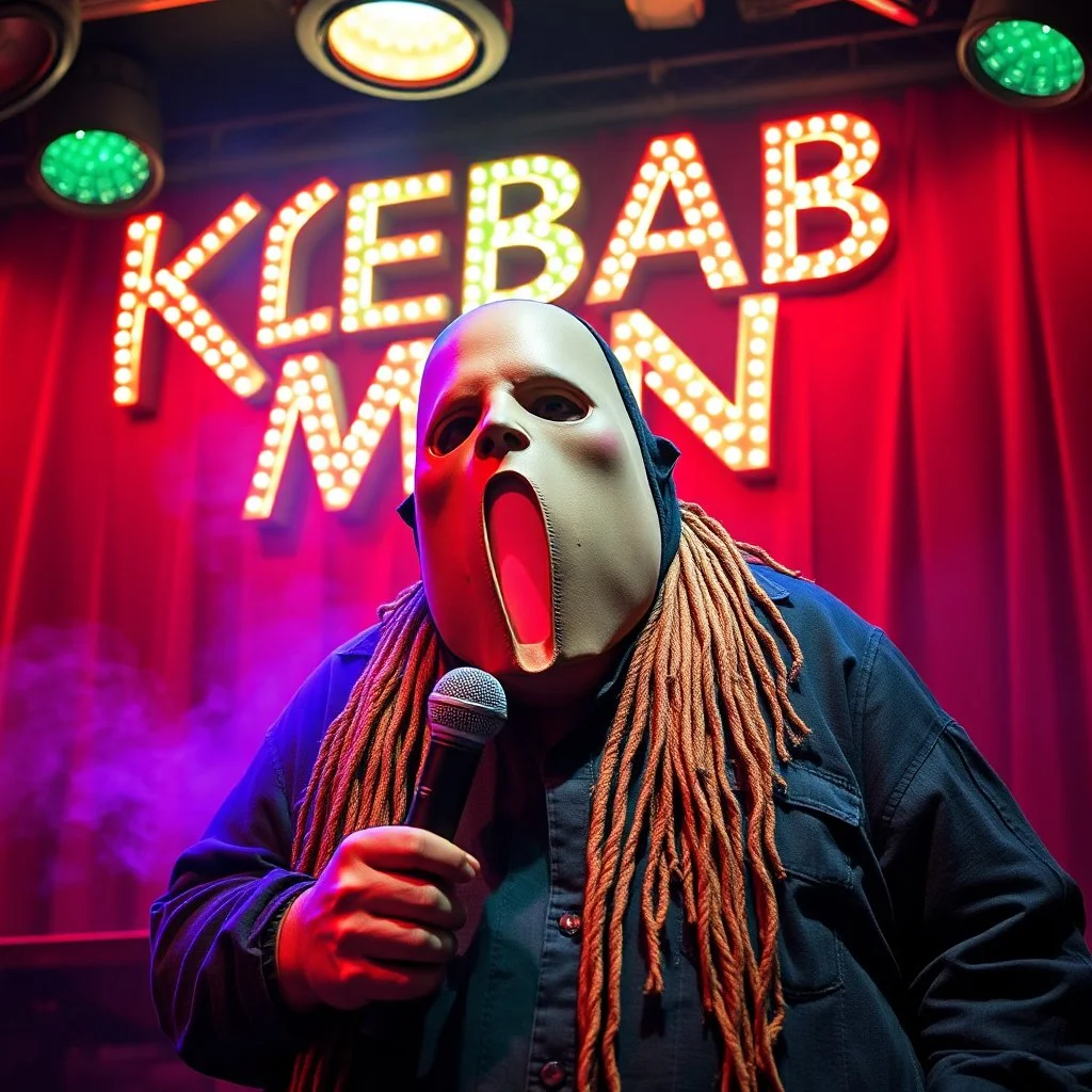 a very fat swedish man, with a mask with only a hole for the mouth, he is called "KEBAB MAN" performing at death metal club, his name is "KEBAB MAN" kebab rolls On stage, kebab Neon lights and smog, and "KEBAB MAN" big sign on the wall, he singing with mic, text in swedish! no translate mr. stable ai, text in swedish! no translate mr. stable ai, text in swedish! no translate mr. stable ai
