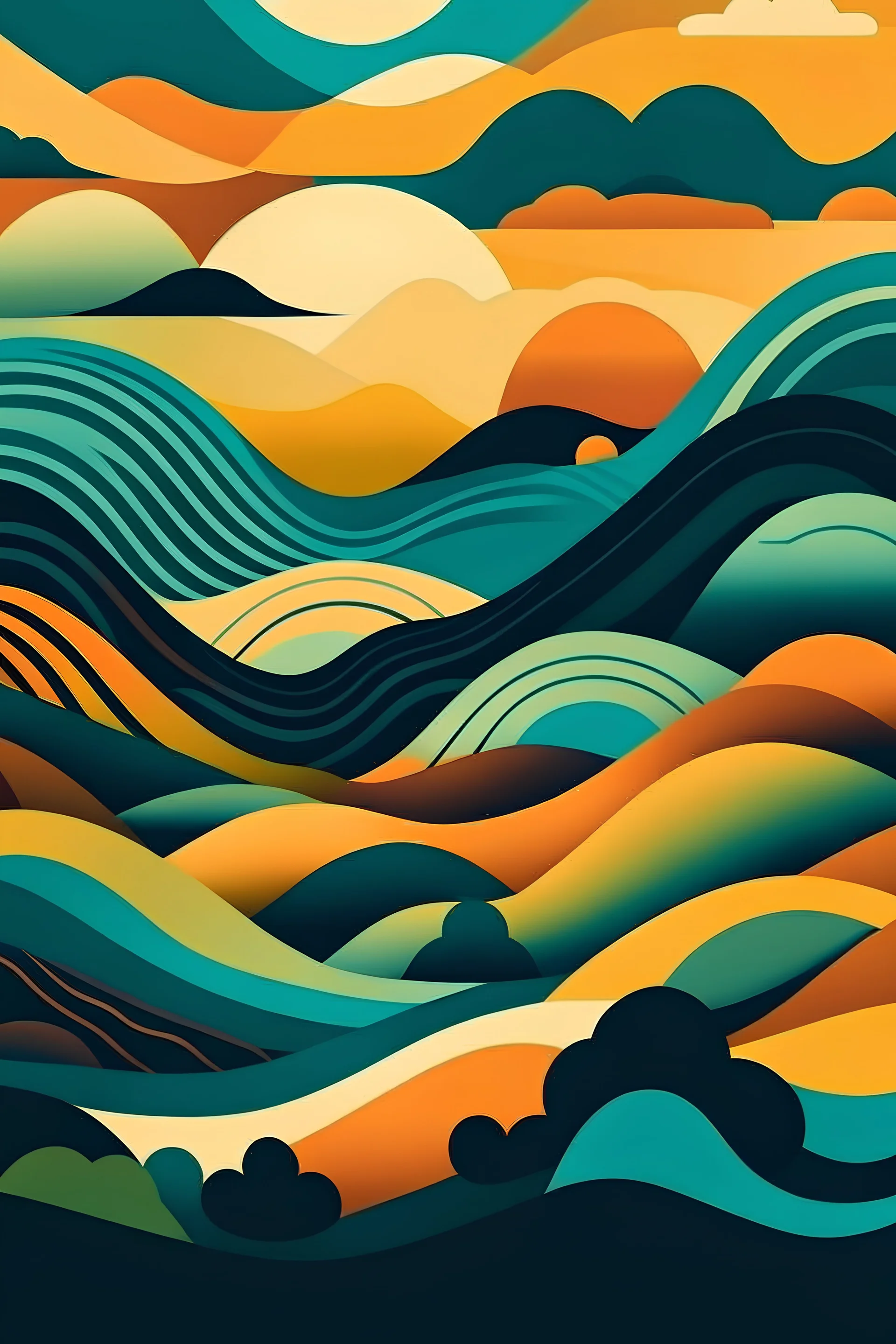Abstract Landscape Create a t-shirt design using vector shapes to represent an abstract landscape. Think rolling vector hills, stylized suns, or wavy oceans.