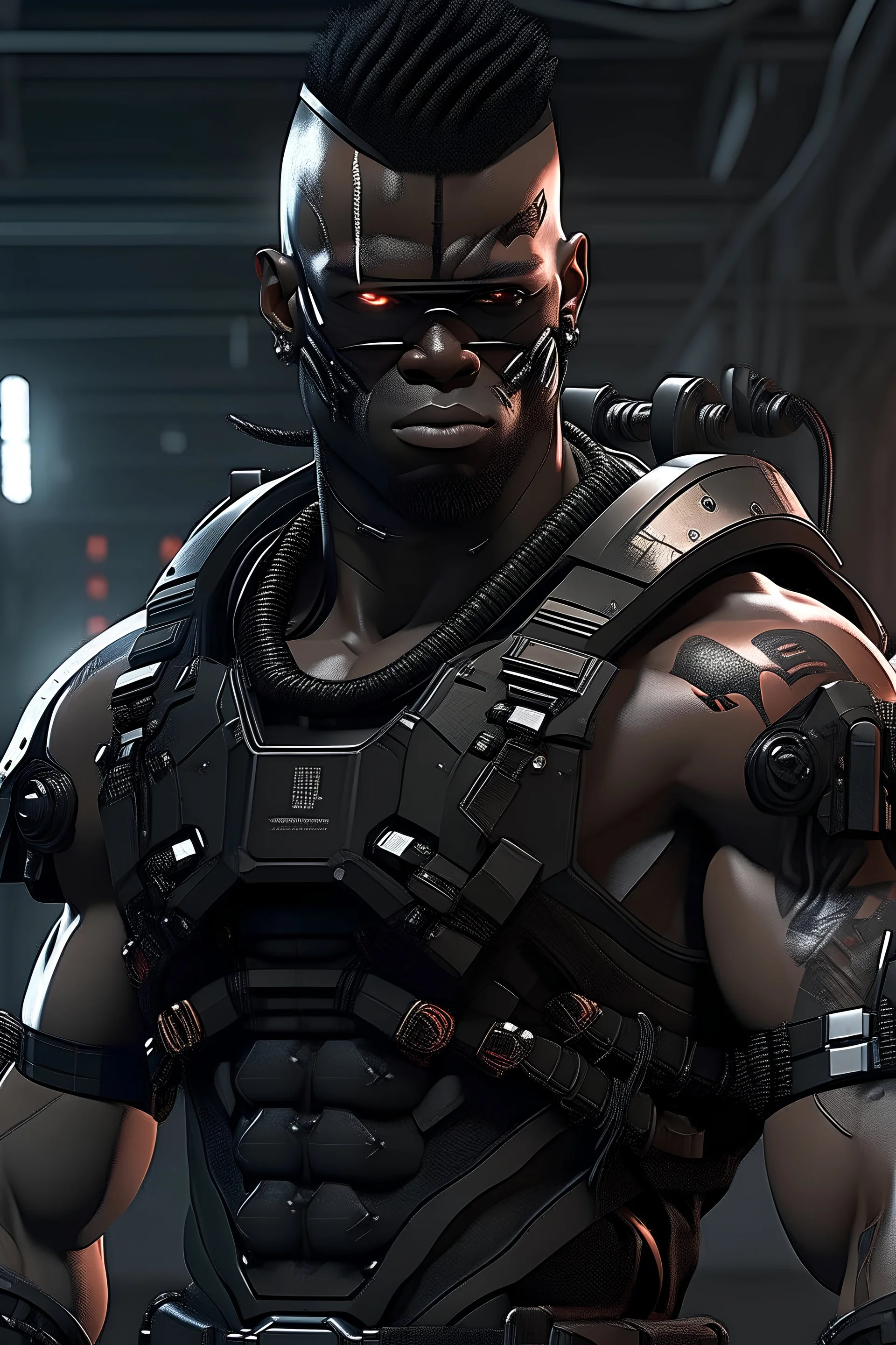 muscular black cyberpunk military commander