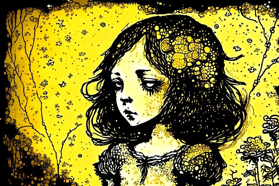 Beautiful girl's caricature in ochre and hydrangeas, looking skyward in wonder, nostalgia, battery corrosion, starry sky, garden, Mercury Glass patina, topographic lines, Art Brut, moody, somber, desaturated colors, in the style of Paul Klee, Arthur Rackham golden glitter ink outlines