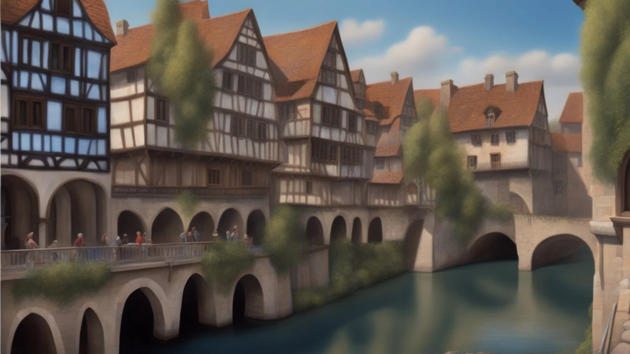 medieval buildings with balconies overhanging a river, blue sky and people, photorealism, trees, foliage, piers, intricate detail, ultra-sharp image, sharp focus