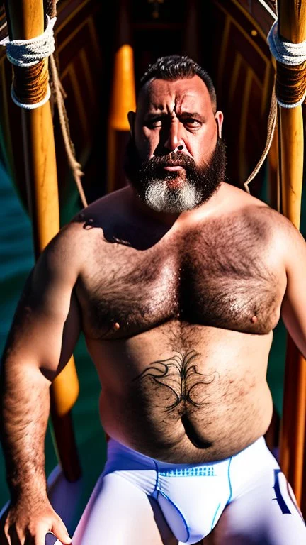 photography of a burly marocan fisherman sunbathing on a fisher wooden boat, in little french briefs, tattoo, manly chest, ugly, 44 years old, bullneck, white long beard, dreadlocks, muscular chubby, screaming, angry eyes, photorealistic, Canon EOS, 8k