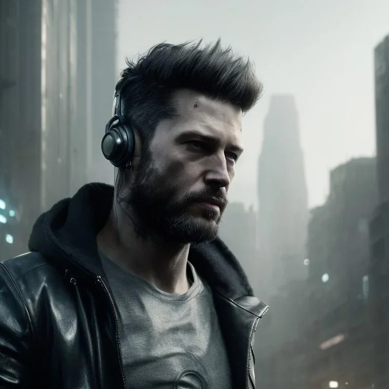 portrait, rugged male DJ cyborg with headphones Christian Boshell, dystopian cyberpunk city, realistic, intricate detail, sci-fi style, volumetric lighting, particles, cinematic, ultra-high-resolution, the photorealistic image in a sin city style in a nightclub.