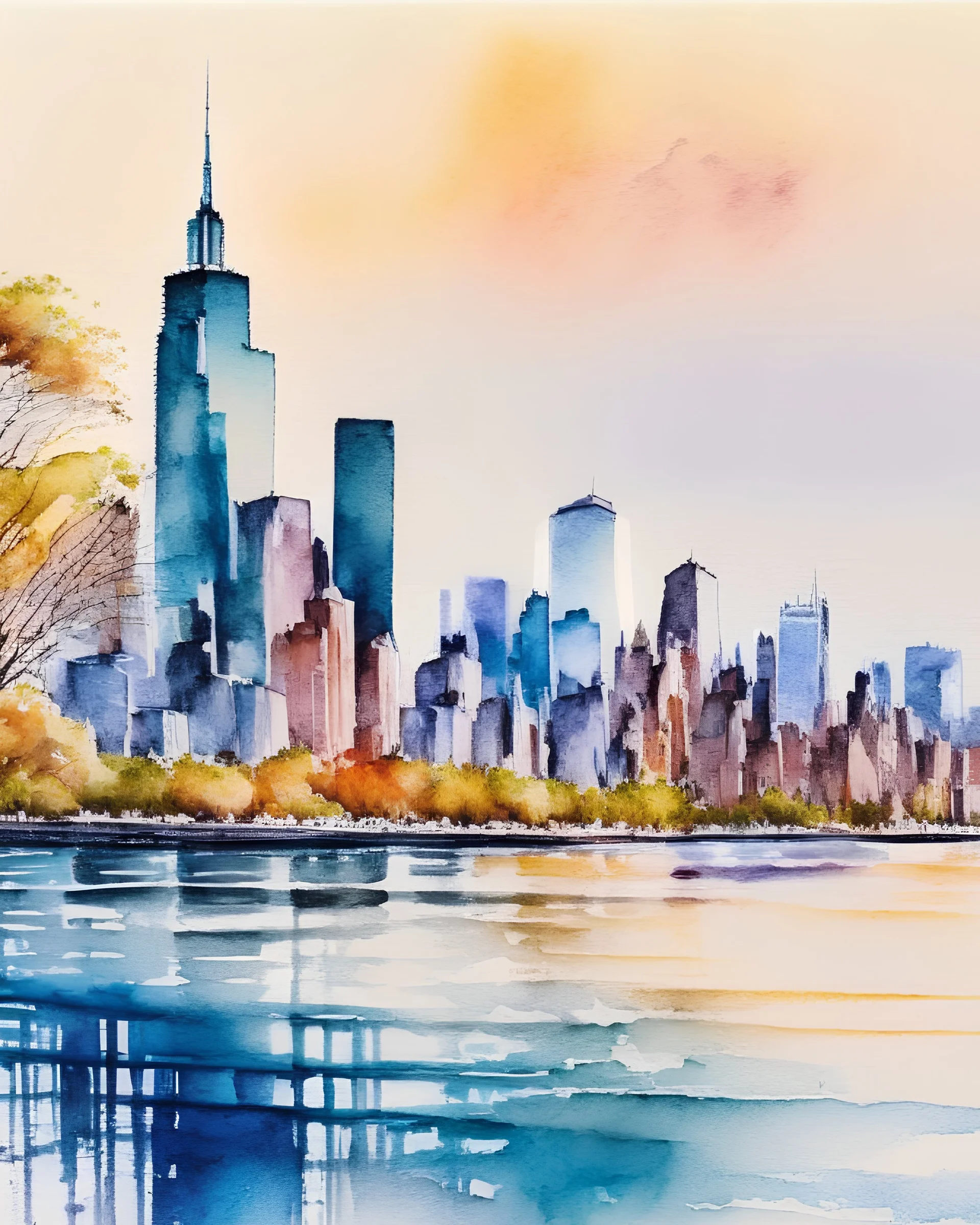 running water colors, new york skyline