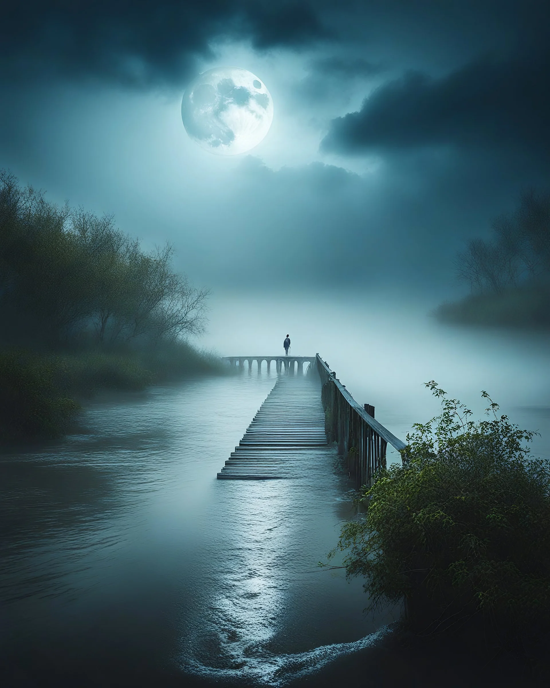 By Sergiо. Style by Greg Rudkowski. Thick white milky dense fog on a deserted beach with lonely bushes.flooded raged water . 2 women and a child In the stormy wether in the water a bridge is falling in the river a full moon