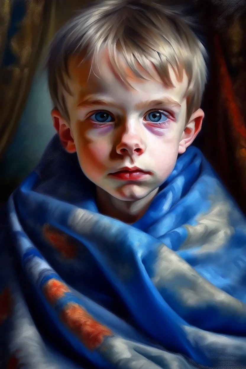 oil painting portrait of metallic slightly cute smirking innocent blue eyed vampire on a towel, bokeh , high detail, smooth render, prize winning, down light, depth of field, aura, in wind