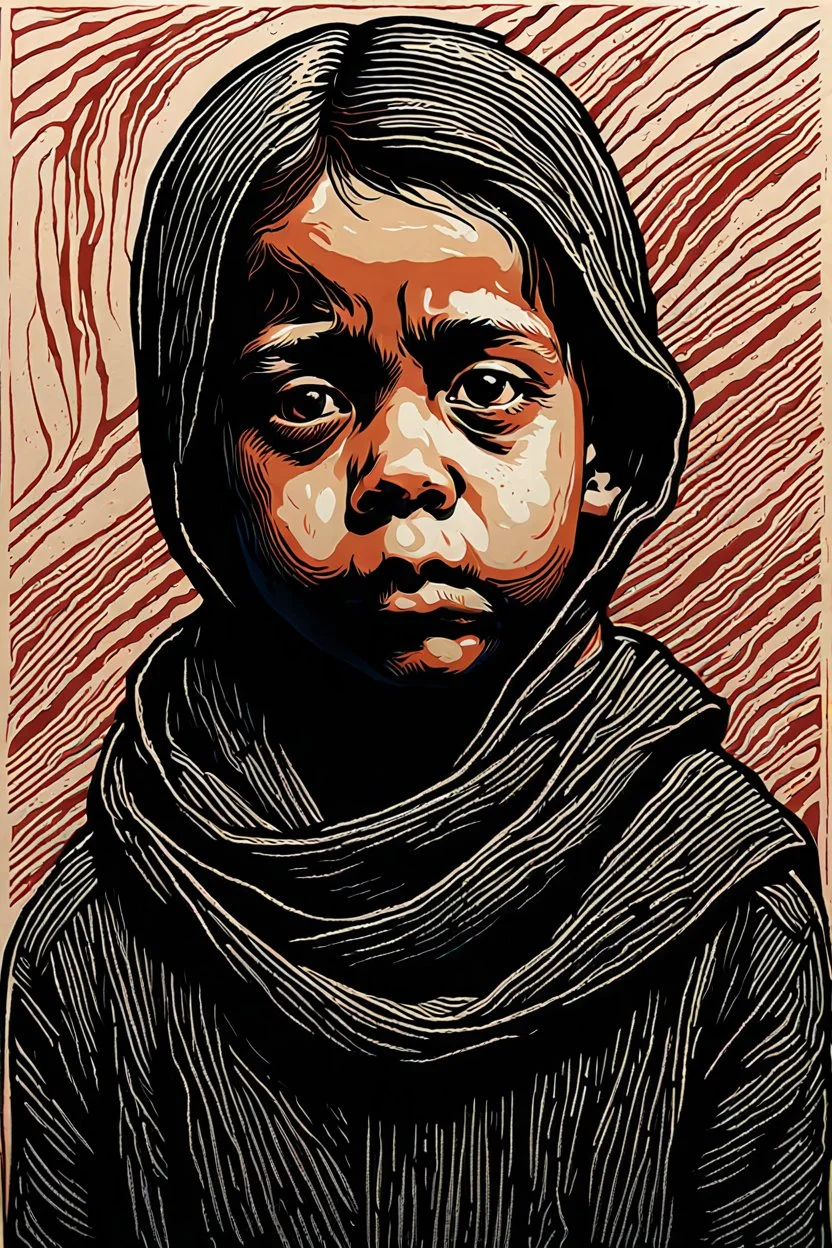 create a deeply powerful tragic, heart wrenching, and evocative, full body color woodcut of a raw and weathered young refugee child with highly detailed and deeply cut facial features, lost in a horrific post apocalyptic Gaza, in the style of KATHE KOLLWITZ , searing lines and forceful strokes