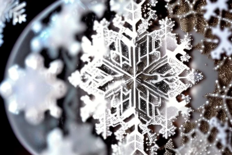 snowflakes, blur 5%, double exposure, merged layers, silver glitters, in the first part (near to us) of the picture you can see a plain sandblown smoked glass, engraved with a folk art pattern, the glass is cracked in several places, in some places the glass is broken, crumpled burlap, through it you can see a tropical rainforest with a waterfall, mist, tooth, sunrise