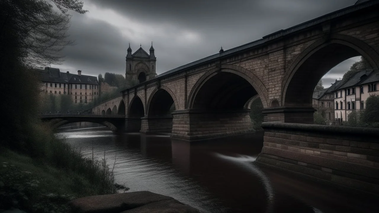 A large stone bridge arching over a river with buildings and structures visible in the background. The scene has a moody, atmospheric quality with a sense of mystery and history.