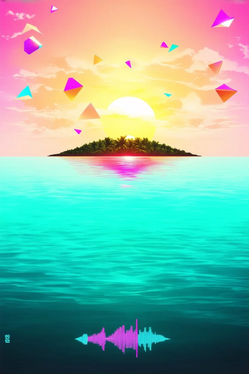 A professional music cover art for a Tropical House track, ultra-modern and visually striking. A dreamy tropical sunset scene with a neon gradient sky blending cyan, magenta, and warm golden tones. A minimalist island silhouette in the distance surrounded by calm reflective ocean water. Subtle geometric soundwave patterns subtly integrated into the sky and water surface, representing rhythm and music. Floating abstract shapes inspired by synth waveforms and audio modulation, softly glowing. A st