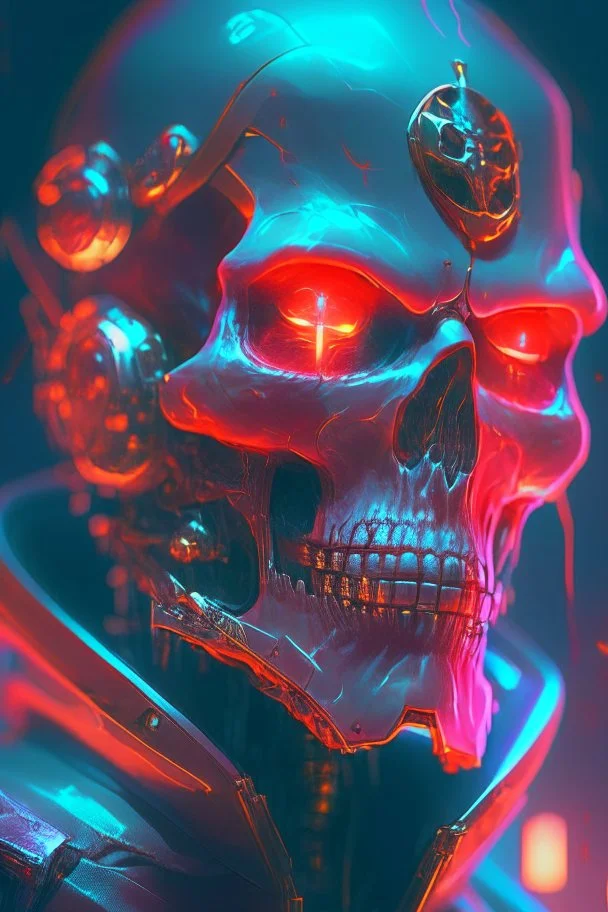 A glass headed skull with glowing ruby eyes wearing a futuristic uniform, 8k resolution concept art portrait by Greg Rutkowski, Artgerm, WLOP, Alphonse Mucha dynamic lighting hyperdetailed intricately detailed Splash art trending on Artstation complimentary colors Unreal Engine 5 volumetric lighting