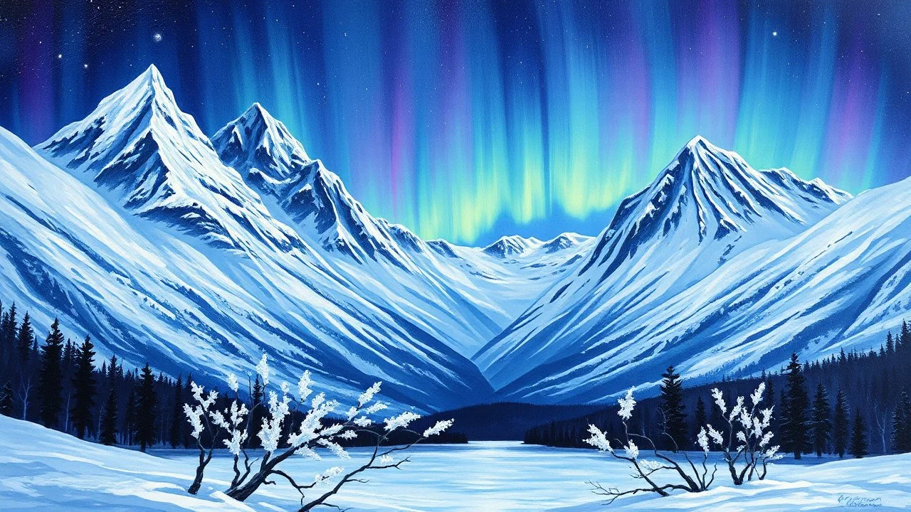 Imponentes picos montañosos cubiertos de nieve en pleno invierno, iluminados por la danza verde y violeta de las auroras boreales. En el valle, un lago congelado con ramas escarchadas y un cielo estrellado profundo. Estilo pintura impresionista con pinceladas visibles, atmósfera etérea y paleta de azules y púrpuras