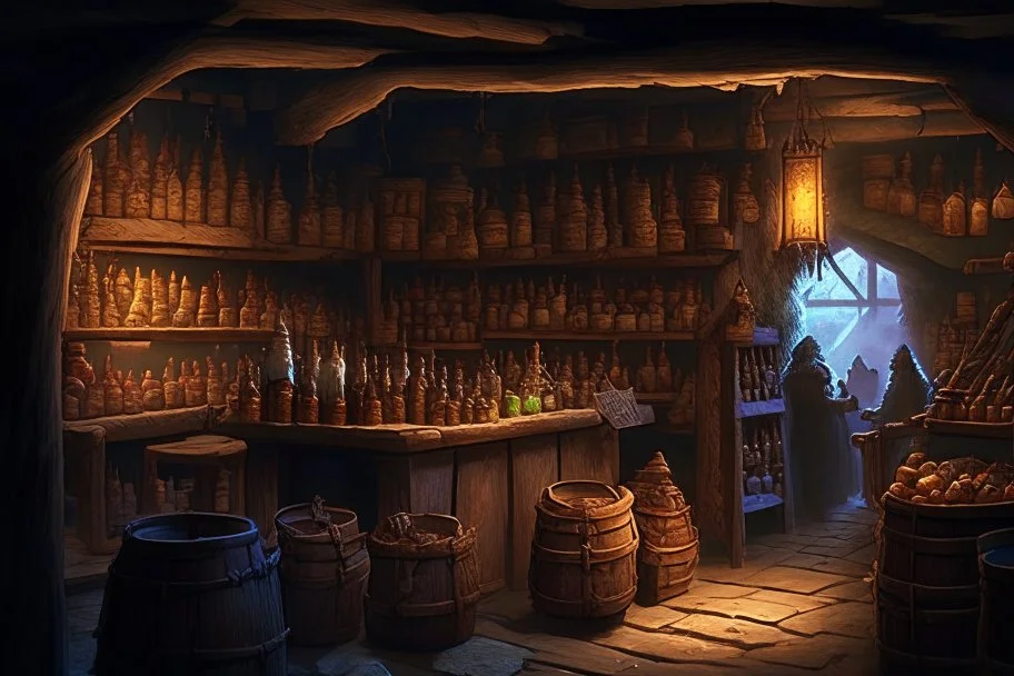 inside of a medieval shop, wooden walls, log pillars, stone bar with shop keeper behind it, magical ingredients on display and weapons on display. people, elves, goblins, orcs, dwarves and lizard folk in room. low lighting and creatures in containers