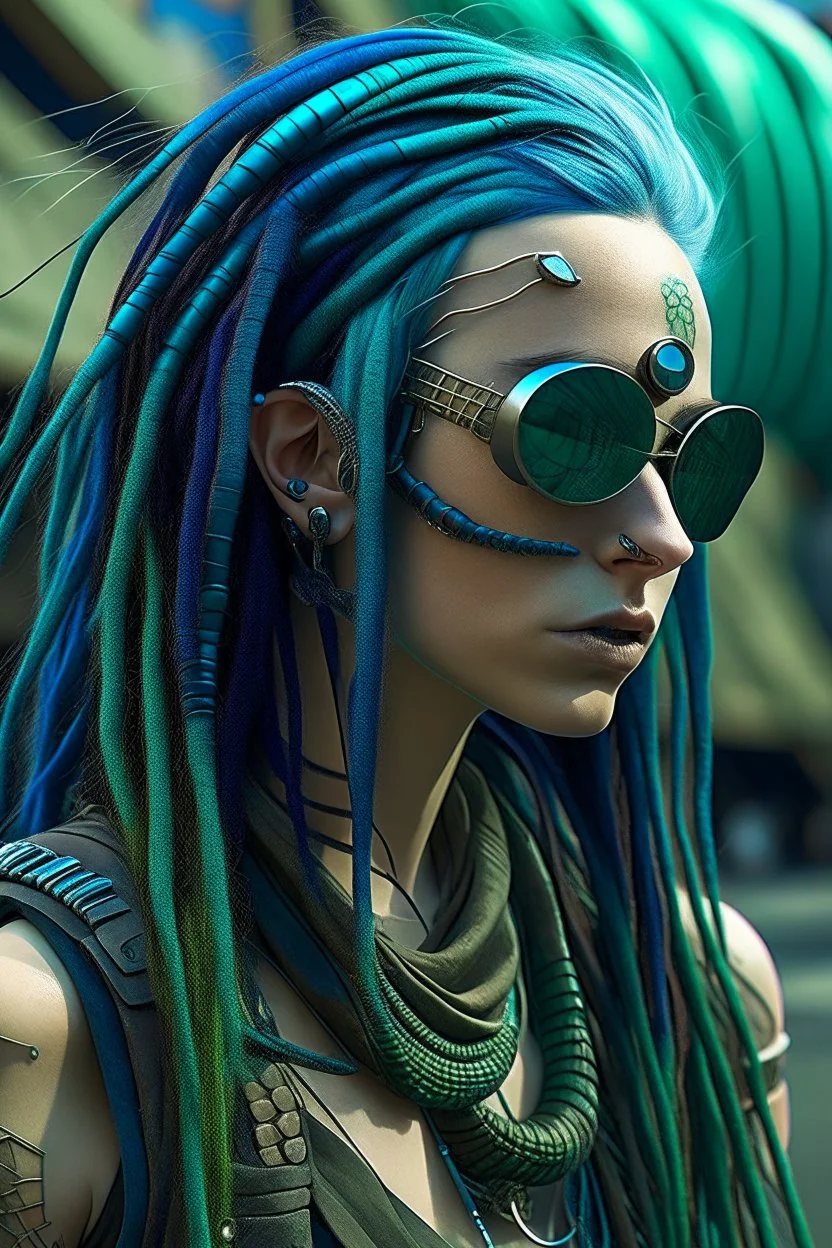 mermaid cyberpunk some scales on face indigo hair dreadlock sunglasses