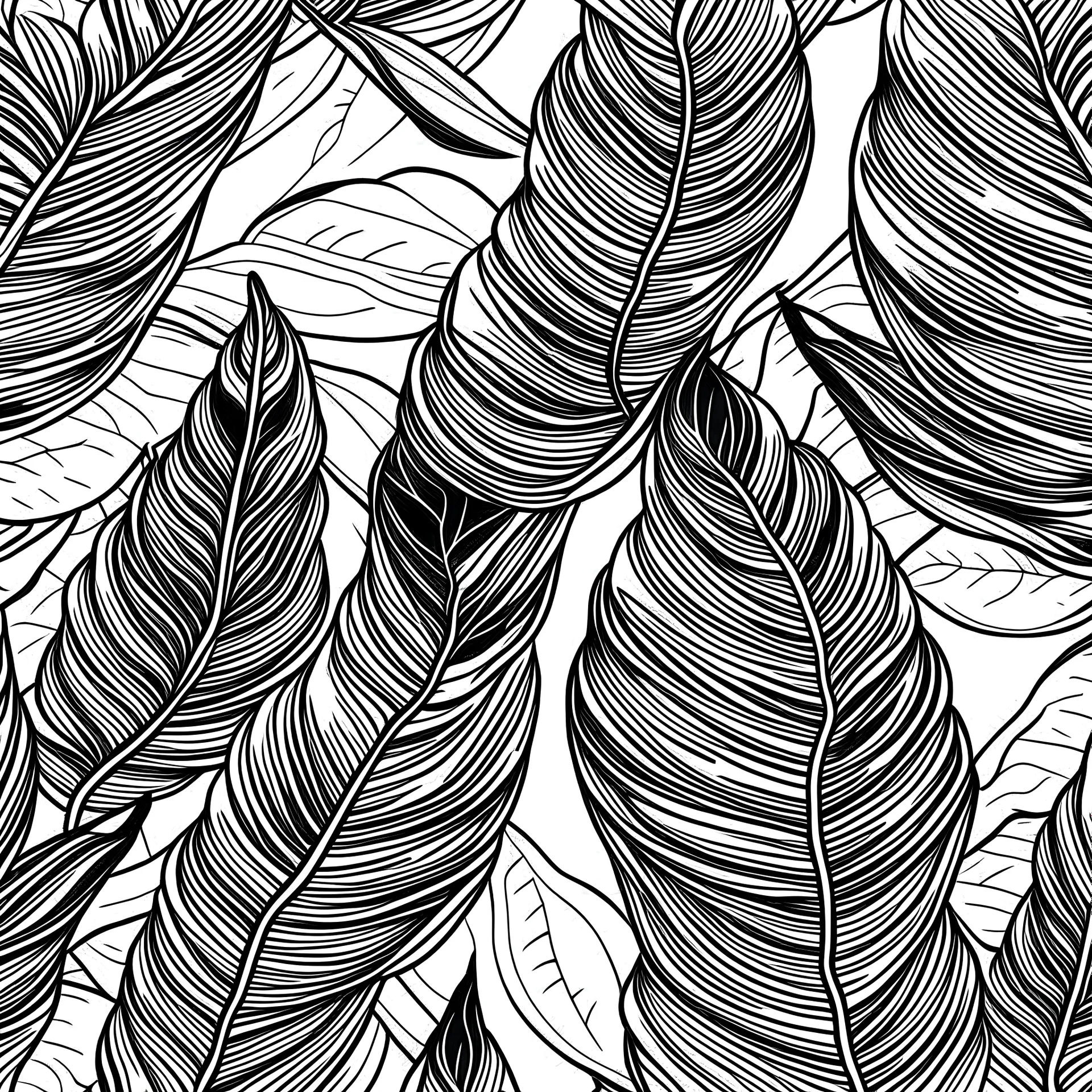 seamless dynamic smal banana leafs wallpaper pattern drawing in vector lines and same line weight. black lines