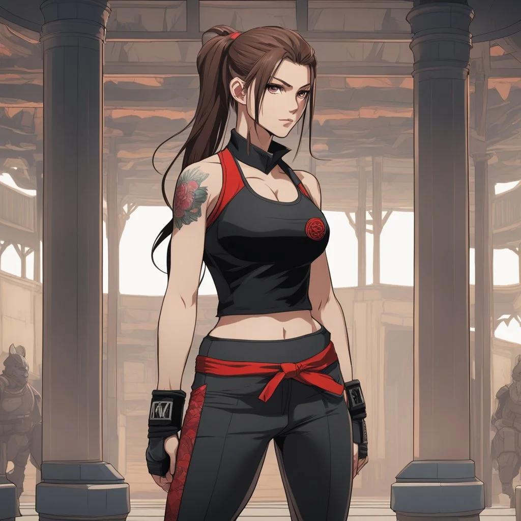 An Arrogant-Looking Young Woman With Pale Skin, Red Eyes, And Long Brown Hair Pulled Up In A Single, Straight Ponytail. MMA fighter. wearing a black crop top and leggings. Anime Style, High Definition, Greg Rutkowski, 8k Resolution, Intricate Details