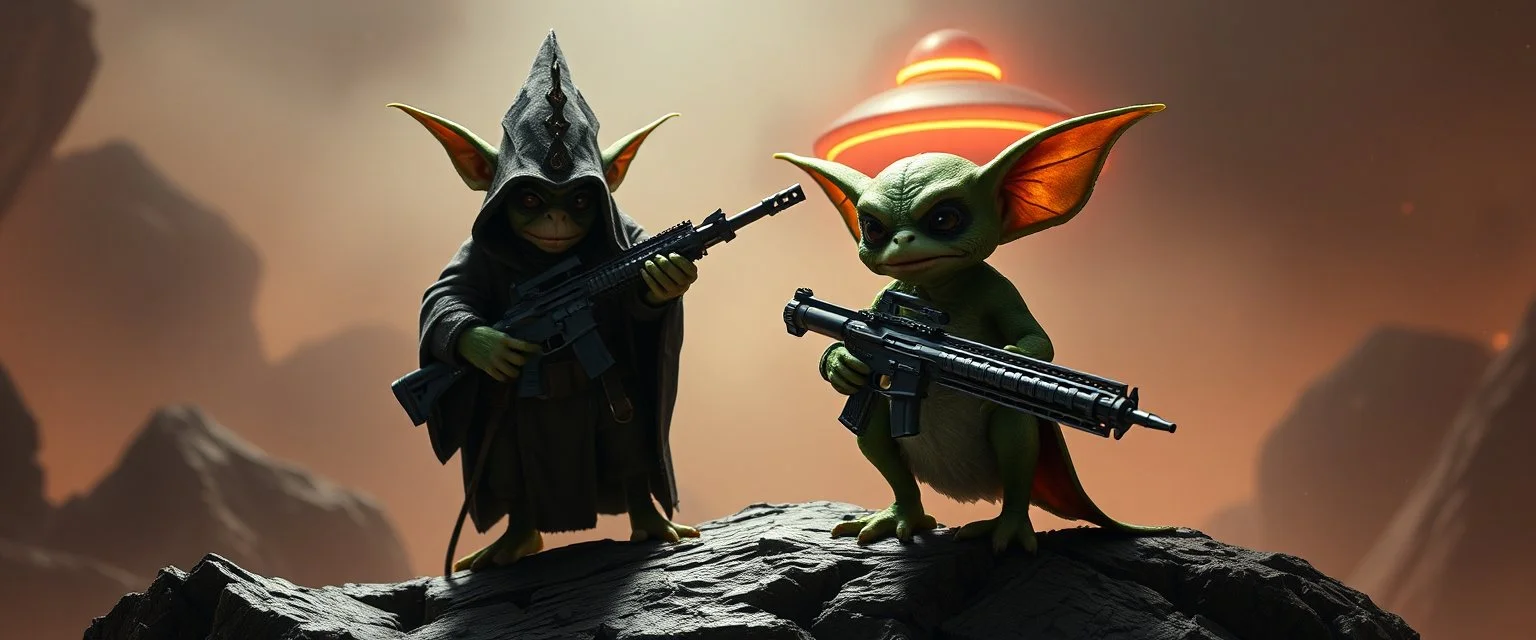 volume fog light, hyper real close up on rock ant cricket duck priest gremlin man general with hi tech transcendent weapon arsenal from hell, guarding bridge up to space saucer neon plastic transparent
