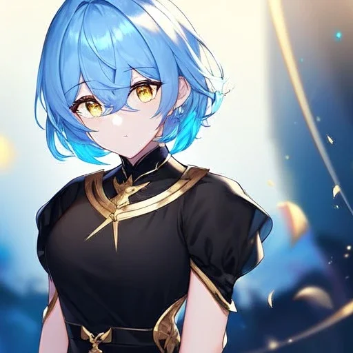 Clear focus, High resolution, short light blue fluffy hair, hair between eyes, yellow eyes, wearing black magma shorts, detailed outfit, blue and black outfit, gold accessory, female