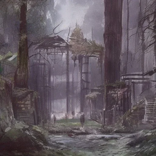 forest city ruins, concept art watercolor