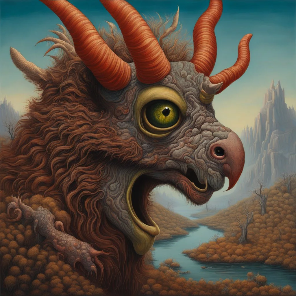 Unnervingly surreal fantastical wholly-imagined hybrid fluffy equipped with horns in surprising spots with eyes so inordinately large and glassy that they reflect full-scale landscapes; bizarre wide-eyed furry monstrous fowl deformed hybrid, by Naturo Hattori, surrealism, sinister weird-land, intricately detailed, matte alcohol oil paintings, violent colors.