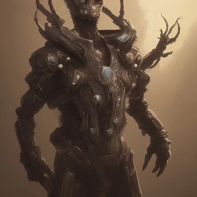 worrier human insect hybrid, exoskeleton armor, crystal light weapon, hollow black evil snake eyes, dead, infected skin