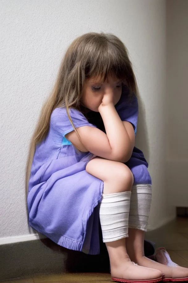 Little girl sitting in a corner with her head between her legs crying