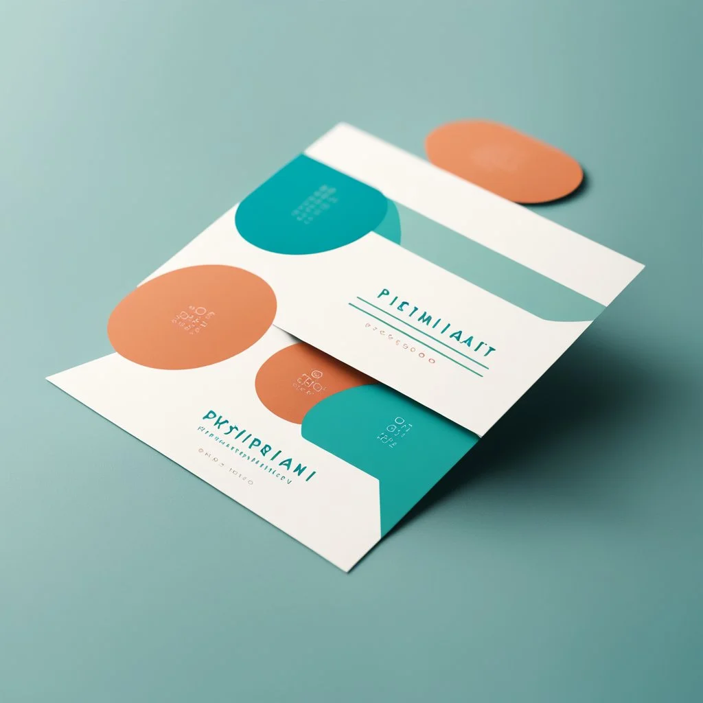 Professional business card mockup for a modern physiotherapist. The design features colorful geometric blocks and circles arranged to subtly resemble a spine or joint articulation, but in an abstract artistic way. Colors: Vibrant mint green, electric blue, and warm terracotta. Layout: Asymmetric and dynamic but organized. Texture: Premium matte paper finish. Lighting: Soft studio lighting with natural shadows. Design aesthetic: Bauhaus inspired, clean lines, approachable, distinct and memorable.
