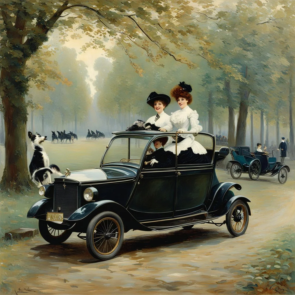 The Goldsmith Ladies in the Bois de Boulogne in 1897 on a Peugeot car, Julius LeBlanc Stewart, smile, dog