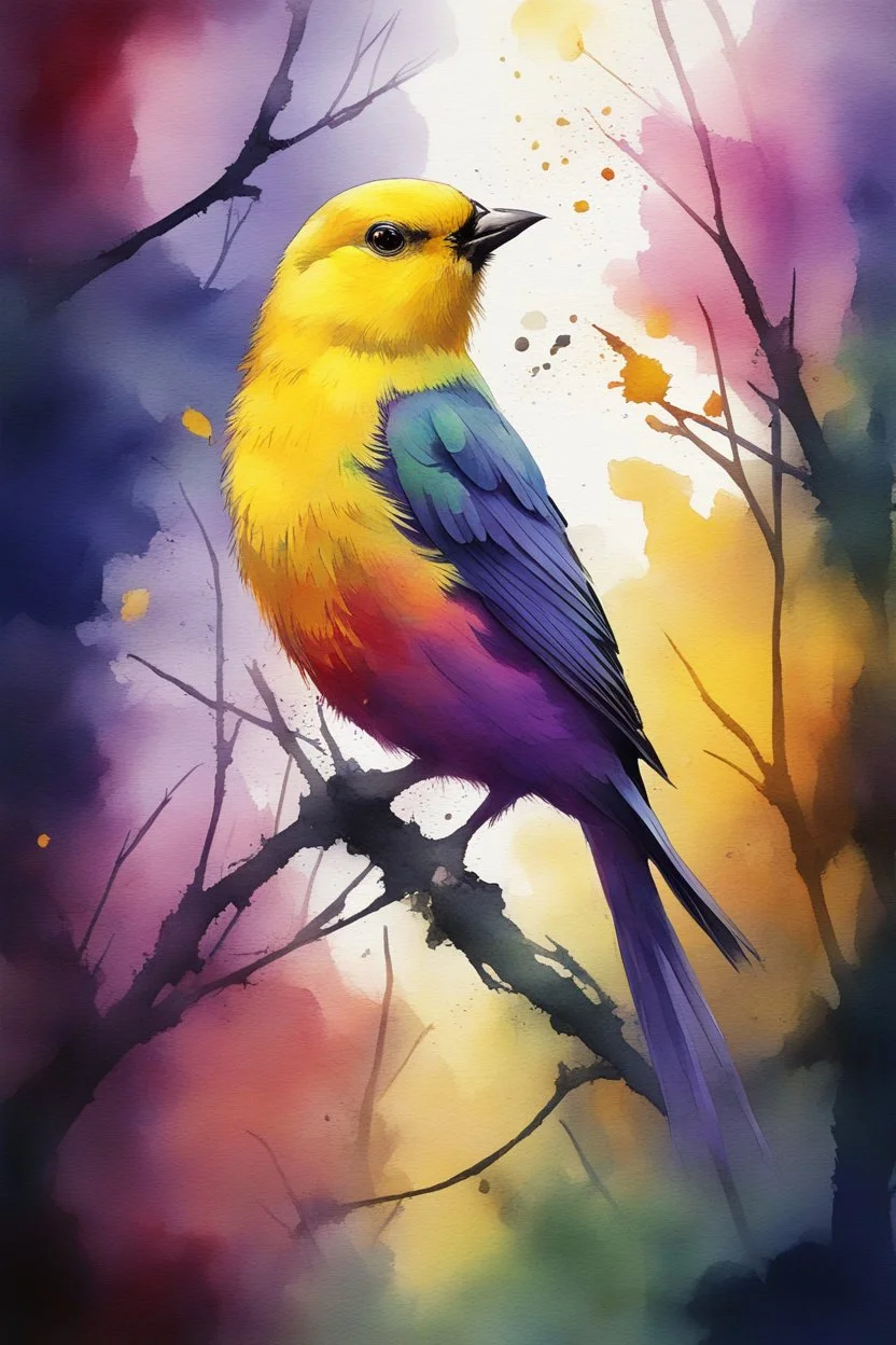A beautiful colorful young canary bird in dark red and purple and yellow trees and dark green and dark blue colors only, thin lines draw style , Busch painting style nightmare with sunshine in the middle, watercolors splash