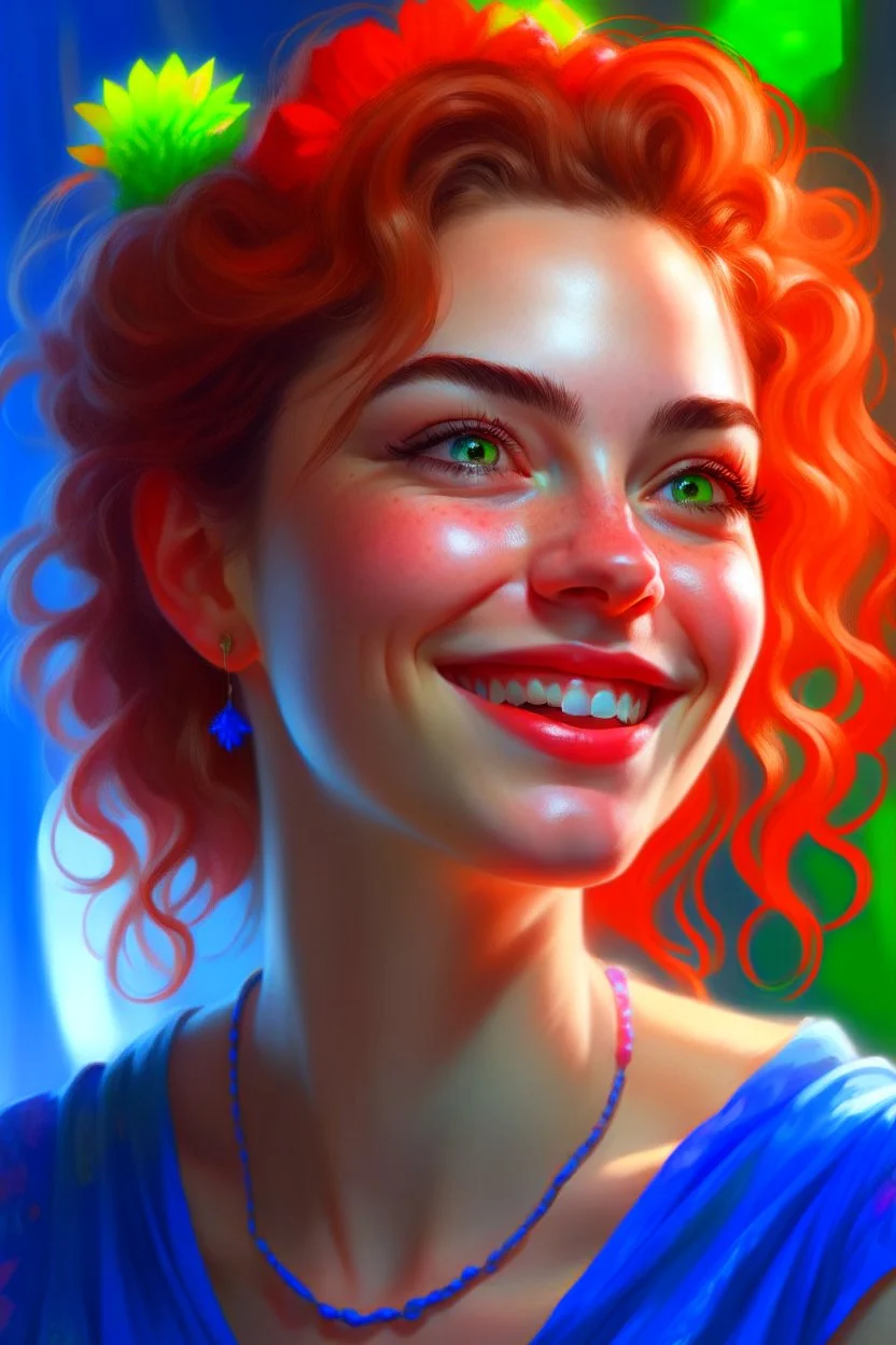 A happy beautiful woman, head and shoulders portrait, 8k resolution concept art portrait by Greg Rutkowski, Artgerm, WLOP, Alphonse Mucha dynamic lighting hyperdetailed intricately detailed Splash art trending on Artstation triadic colors Unreal Engine 5, cinematic