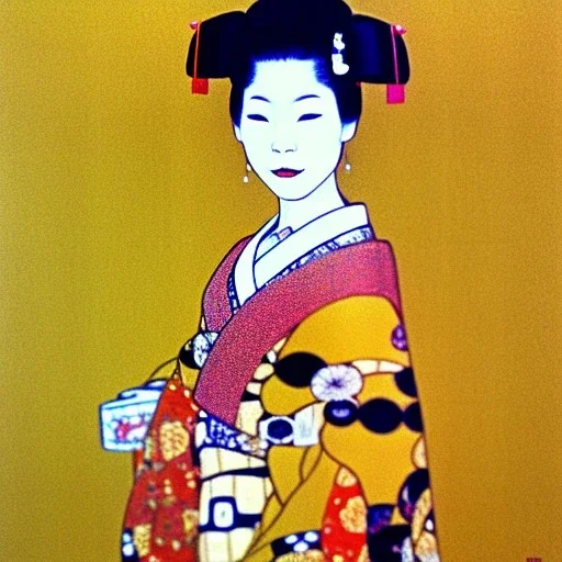 Retrato de cuerpo entero de una Geisha bella vestida estilo de Gustav Klimt