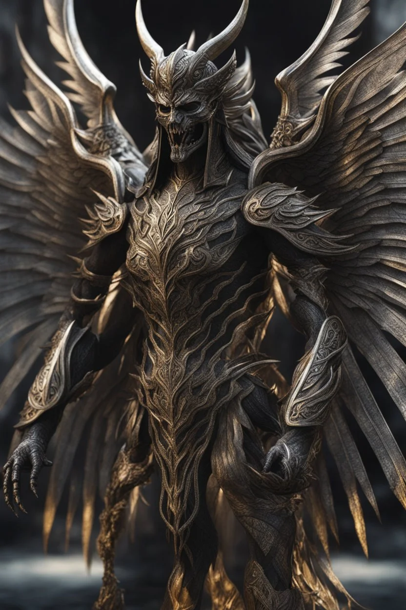 Monster Demon Wings Full body front glistening oiled shiny, intricate, Exquisite details and textures, highly detailed,photography, sharp focus, tribal background,photography 8k