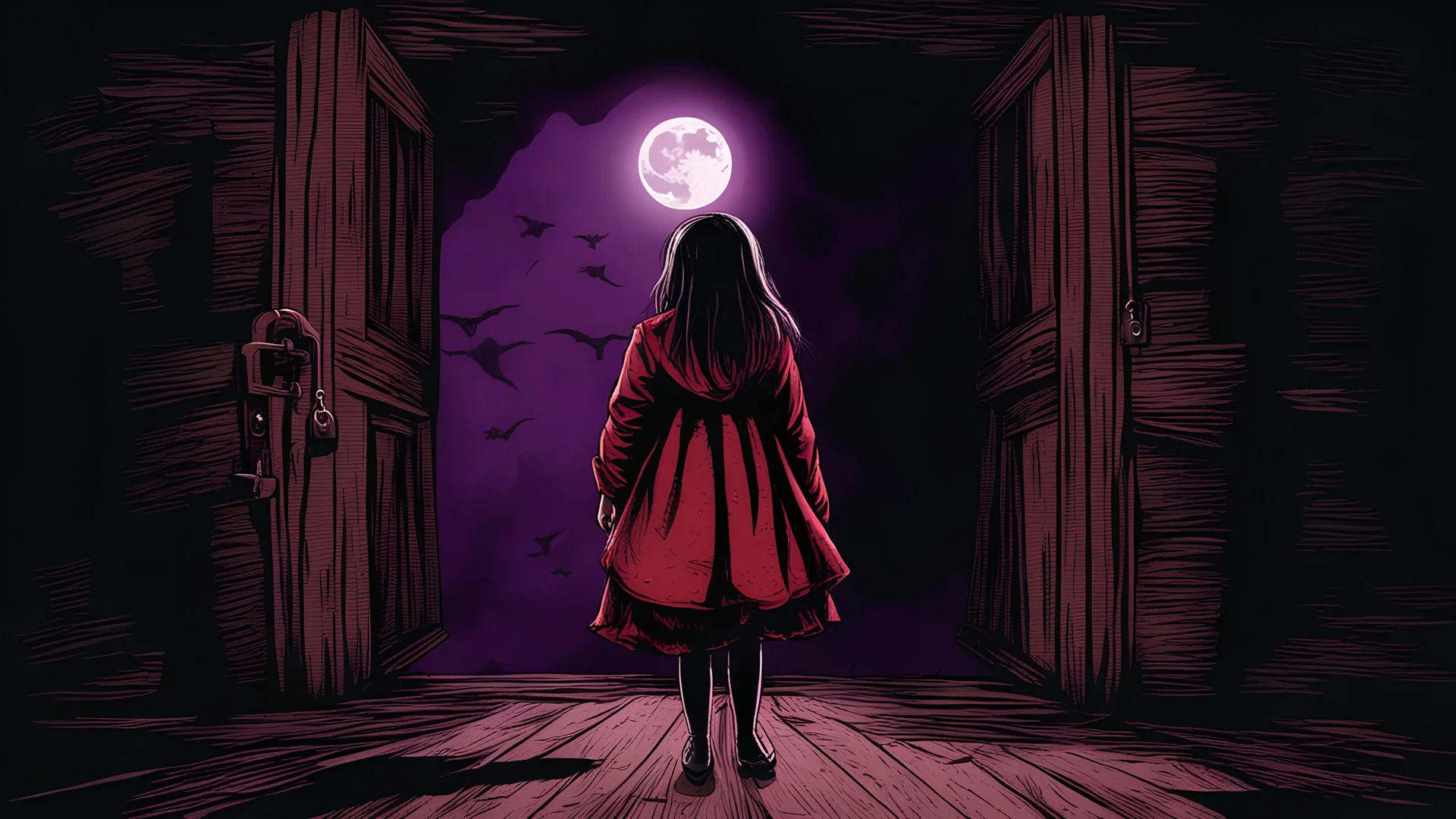 dark night, horror, possesed girl standing in front of ancient wooden door, door is close, locked with old padlock, moon light is coming from one side, add purple and red lights