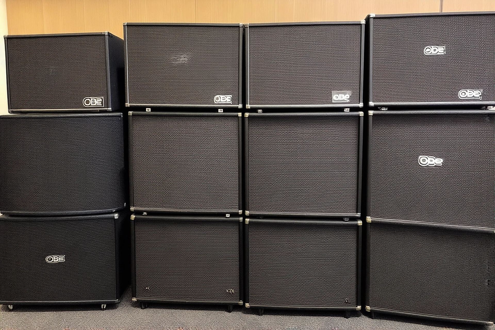 A wall of several concert speakers obe pied up