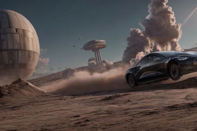 A Tesla 'Semi' (semi truck) is going at a high speed, within the trench of the Death Star. (CINEMATIC, WIDE ANGLE LENS, PHOTO REAL)