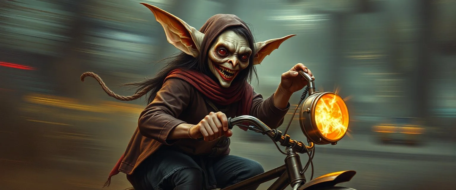 master oil painting by Rembrandt, scary ai sami gremlin woman loab on trike, motion blur background
