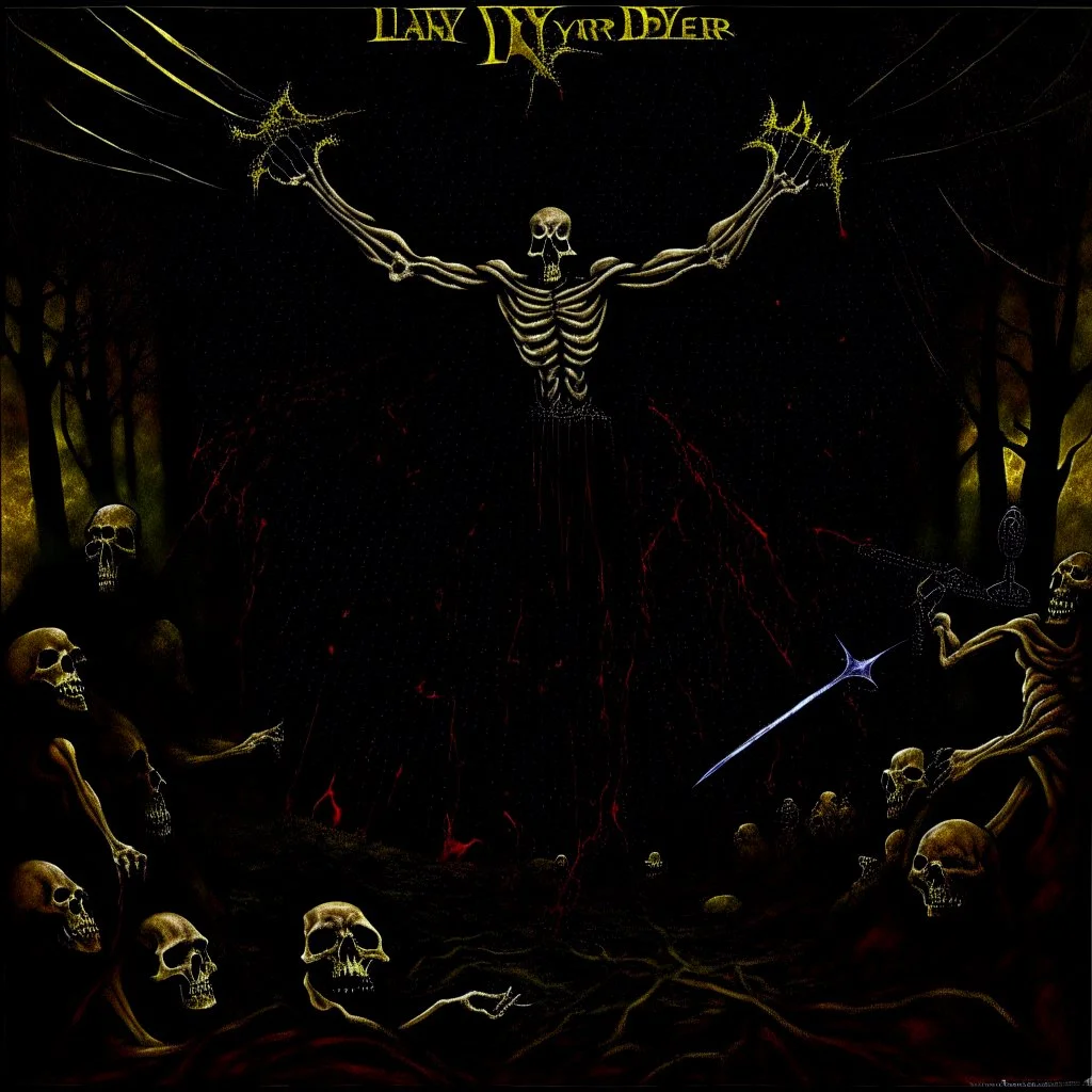 Title "SLAYER" heavy metal cover art, depiction of lyrics (Dance with the dead in my dreams Listen to their hallowed screams), by Larry Carroll and Arturo Souto, unsettling, surreal, sinister, profound, dramatic, macabre