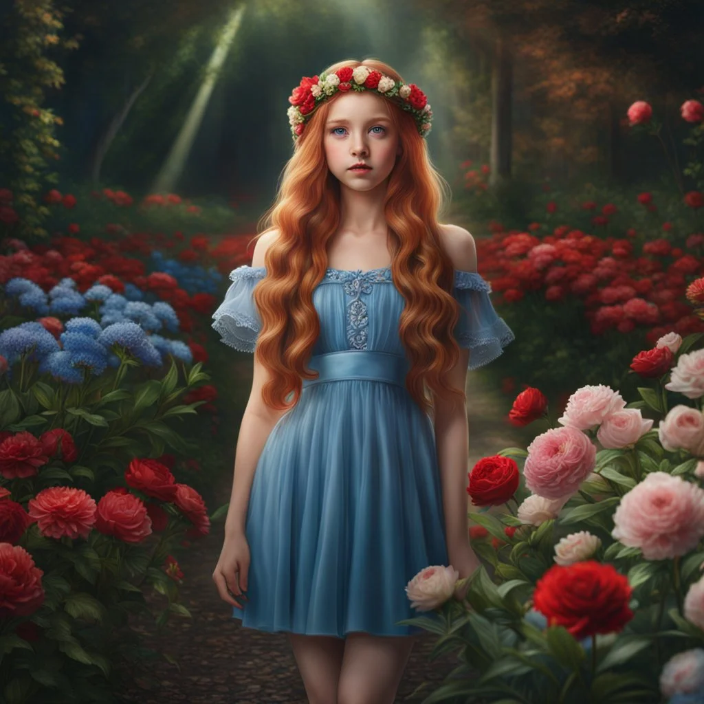 (best quality, 4k, 8k, highres, masterpiece:1.2), ultra-detailed, (realistic, photorealistic, photo-realistic:1.37),hyper realistic, 1girl,long hair,looking at viewer,realistic proportions,blue eyes,hair ornament,dress,very long hair,flower,red hair,parted lips,necklace,white dress,orange hair,lips,blurry background,freckles,realistic,head wreath,orange flower,realistic portrait