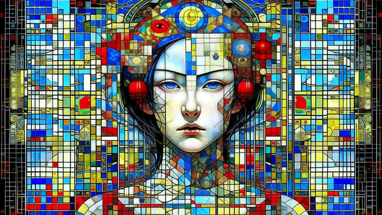 surreal Mondrian style with symmetric pixel art painting of A gothik female lunatic asian in a slightly different pose as a living yonic sculpture, her face double exposure with collage, chaotic abstract shift mpasto art, Disconcerting trippy collage, detailed, mythical symbol of greek, surrealism, anomaly seven heaven. Angellord, demonlord that seem almost sinister. The eerie glow with glitch error' from each compartment casts ghostly iridescent colors onto her dark, textured surface. The backg