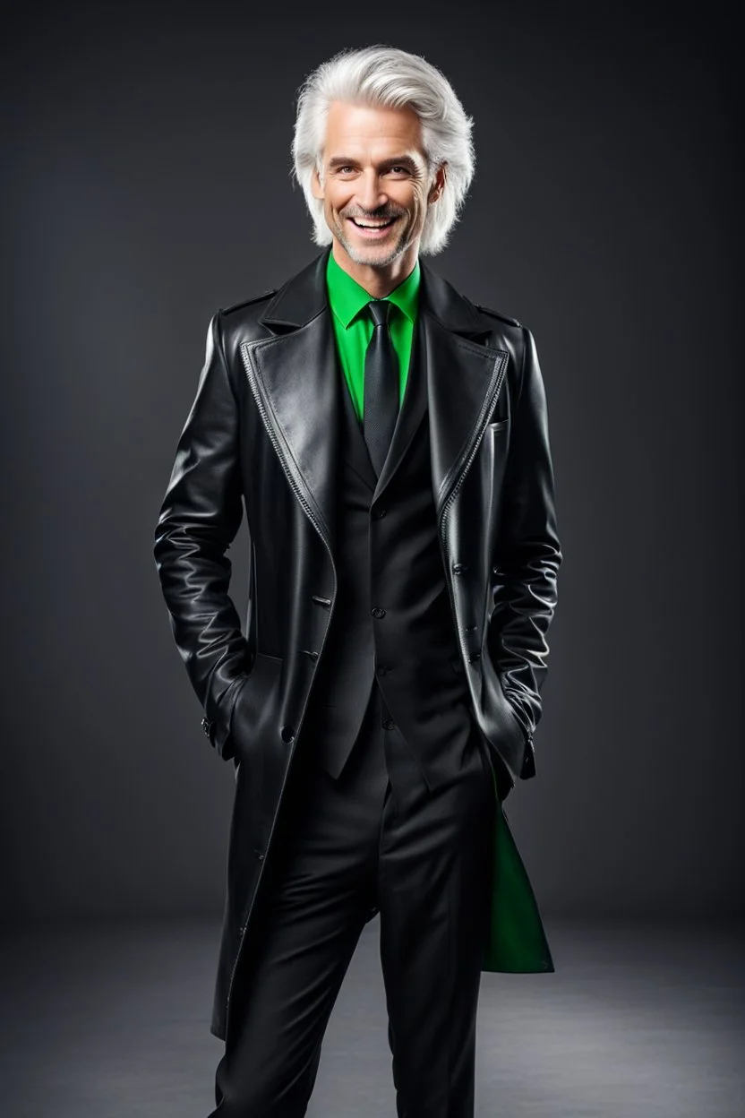 plauge doctor in balck leather coat and suit with silver hair, pale skin and bright green eyes smiling with sharp teeth, nice young face, male, viscious smile