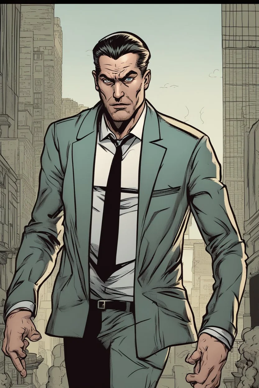 deranged man with slicked back hair, stubble and a judgmental look on his face comic book style