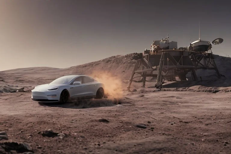 A Tesla 'Model S' is drifting at high speeds, at the lunar landing site of the 'Apollo 11'. (CINEMATIC, WIDE ANGLE LENS, PHOTO REAL)