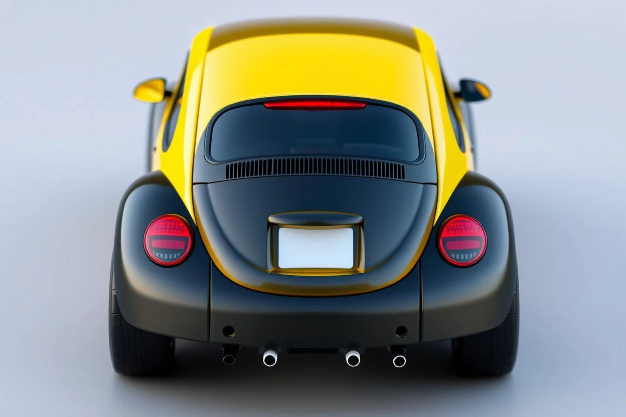 volks wagen beetle , top model, paint shining yellow and black, big wheels, aerodinamic kit, rendering pixar style, tiny fashion